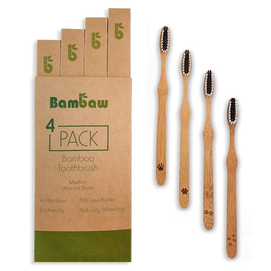 Pack of 4 Bambaw activated charcoal bamboo toothbrushes