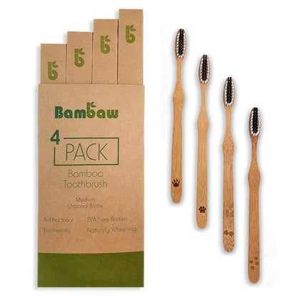 Pack of 4 Bambaw activated charcoal bamboo toothbrushes