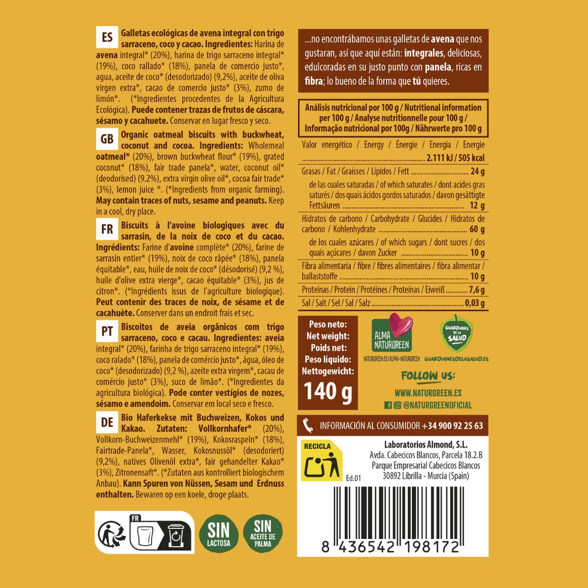 Pełnoziarniste ciastka owsiane z kaszą gryczaną, kokosem i kakao Bio NaturGreen 140 g