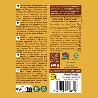 Pełnoziarniste ciastka owsiane z kaszą gryczaną, kokosem i kakao Bio NaturGreen 140 g