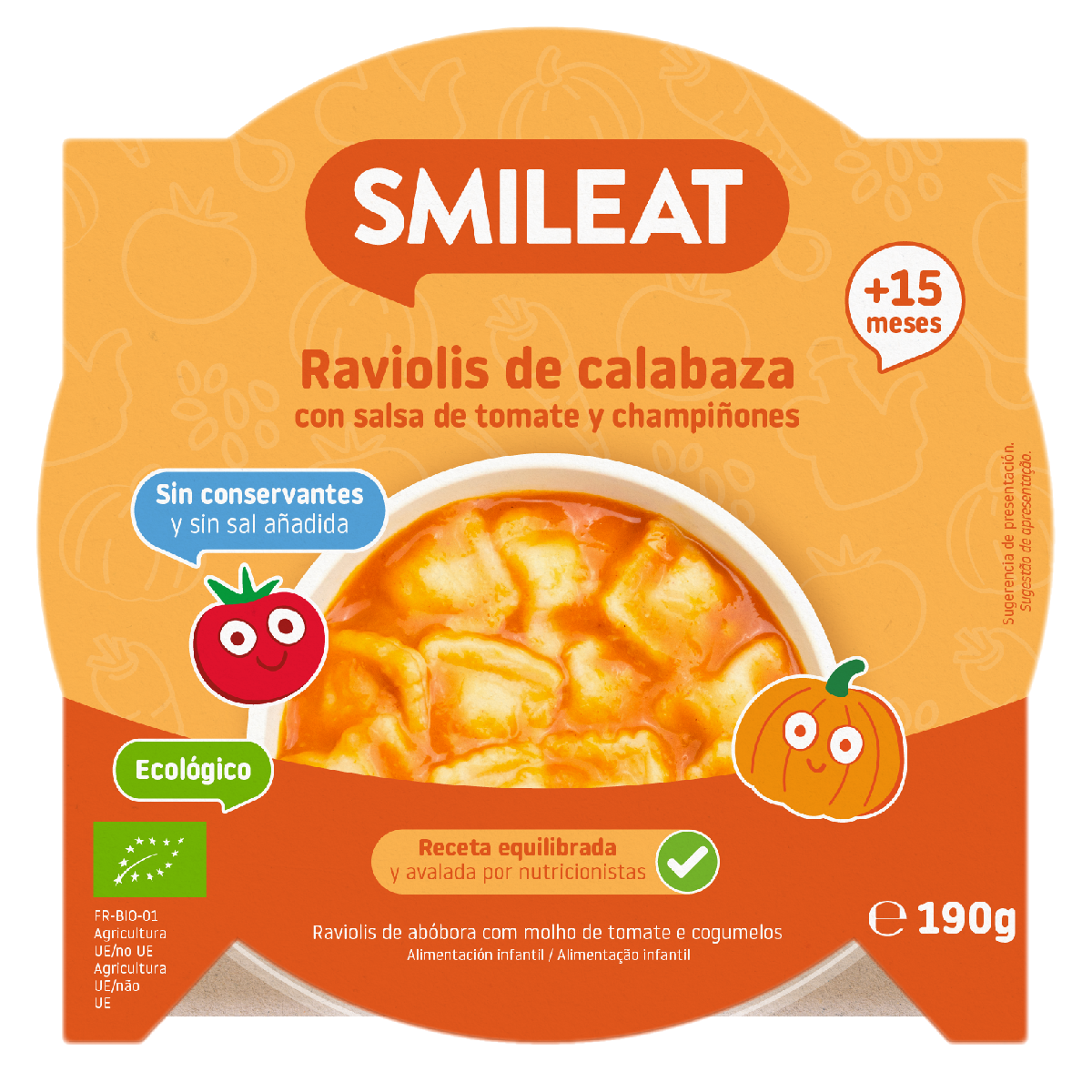 Petite assiette de raviolis à la courge et sauce tomate ECO (à partir de 15 mois) Smileat 190 g