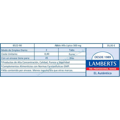 Pack 2x Ácido Alfa Lipoico 300 mg Lamberts, 90 tabletas