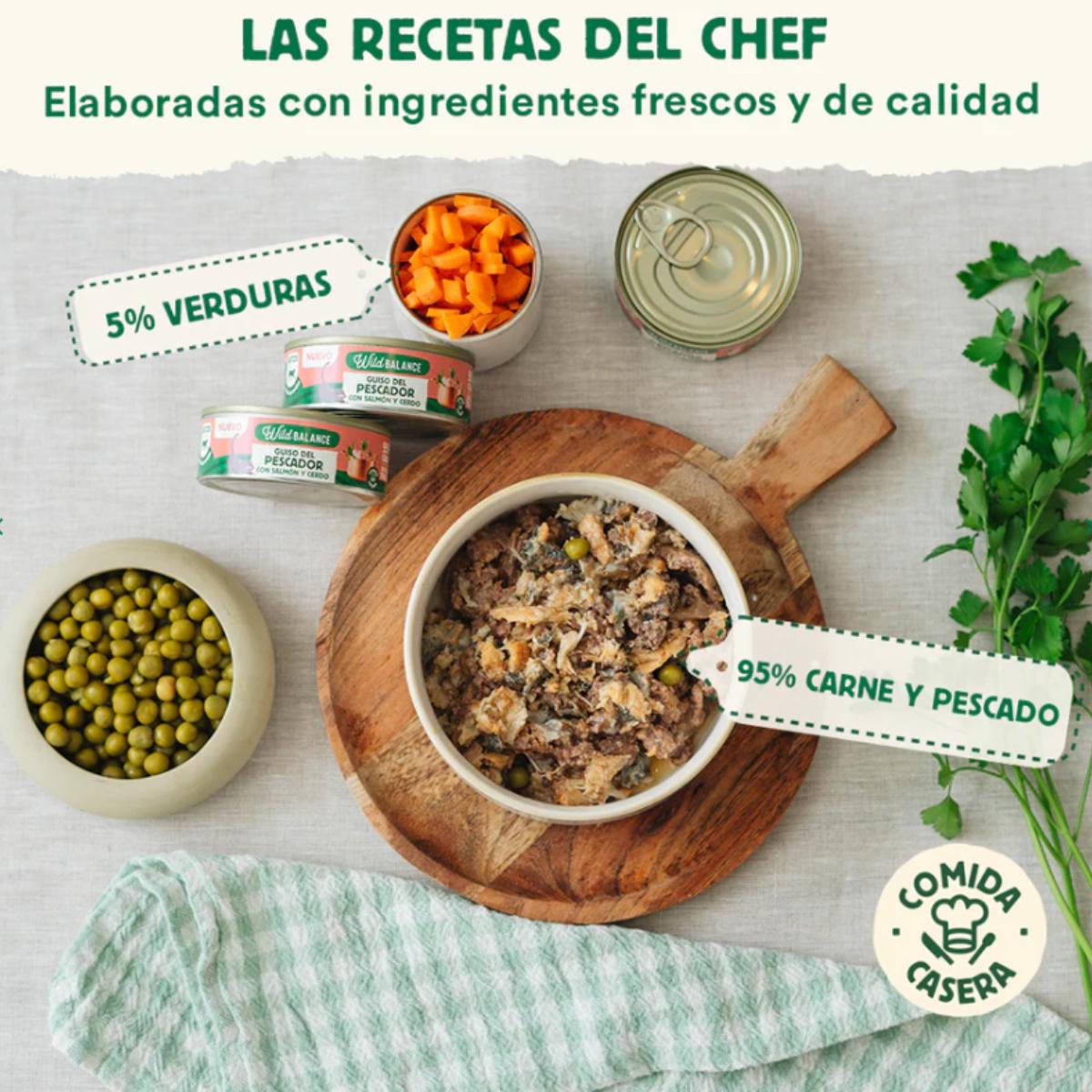 Puszka pełna zupy rybnej z łososiem i wieprzowiną dla kotów Wild Balance 80 g