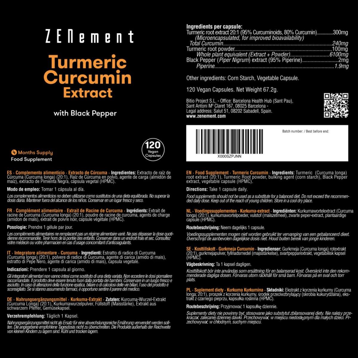 Gurkmejaextrakt med svartpeppar, Zenement 120 tabletter