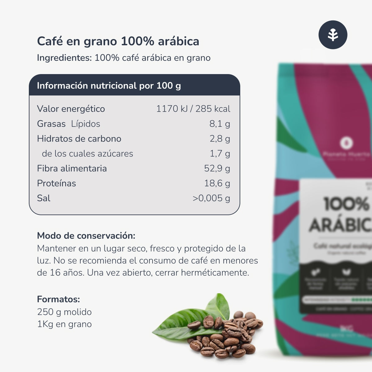 Pack 3x Eco 100% Arabica Coffee beans Planeta Huerto 1 Kg