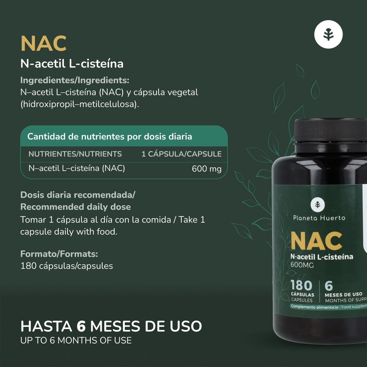 NAC 600mg Planeta Huerto 180 capsules