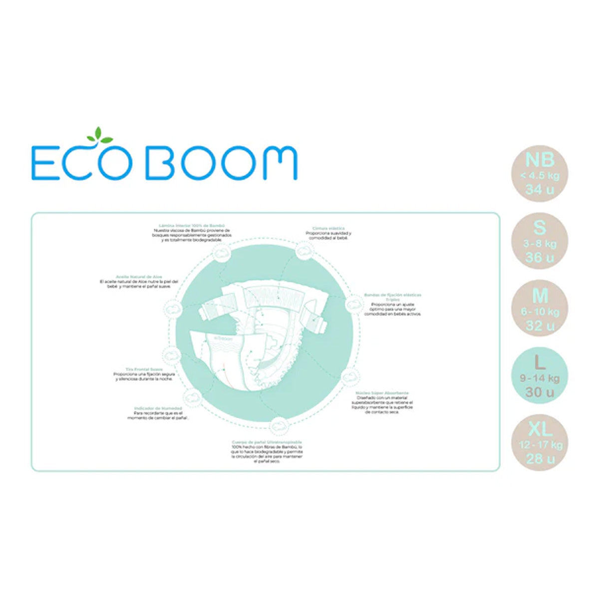 Couches en bambou Pure Premium ECO BOOM T4/L (9 à 14 kg) 30 unités