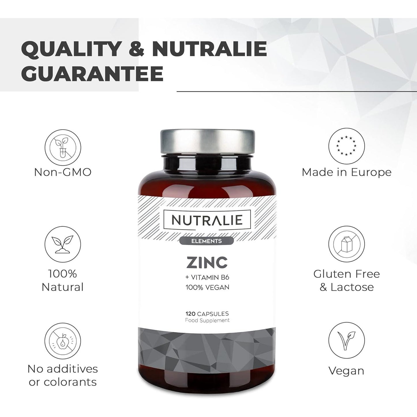 Nutralie Zinc avec vitamine B6 Acné Peau Cheveux Végétalien 120 gélules