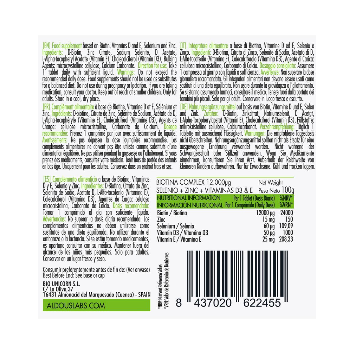 Biotina con Zinc, Selenio, Vitamina D3 y Vitamina E, 400 comp. Aldous Labs