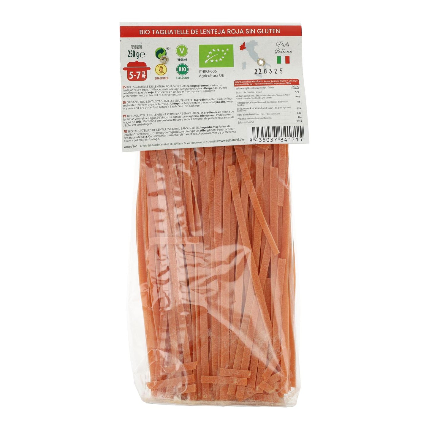 Glutenfreie Bio-Tagliatelle aus roten Linsen Sol Natural 250 g
