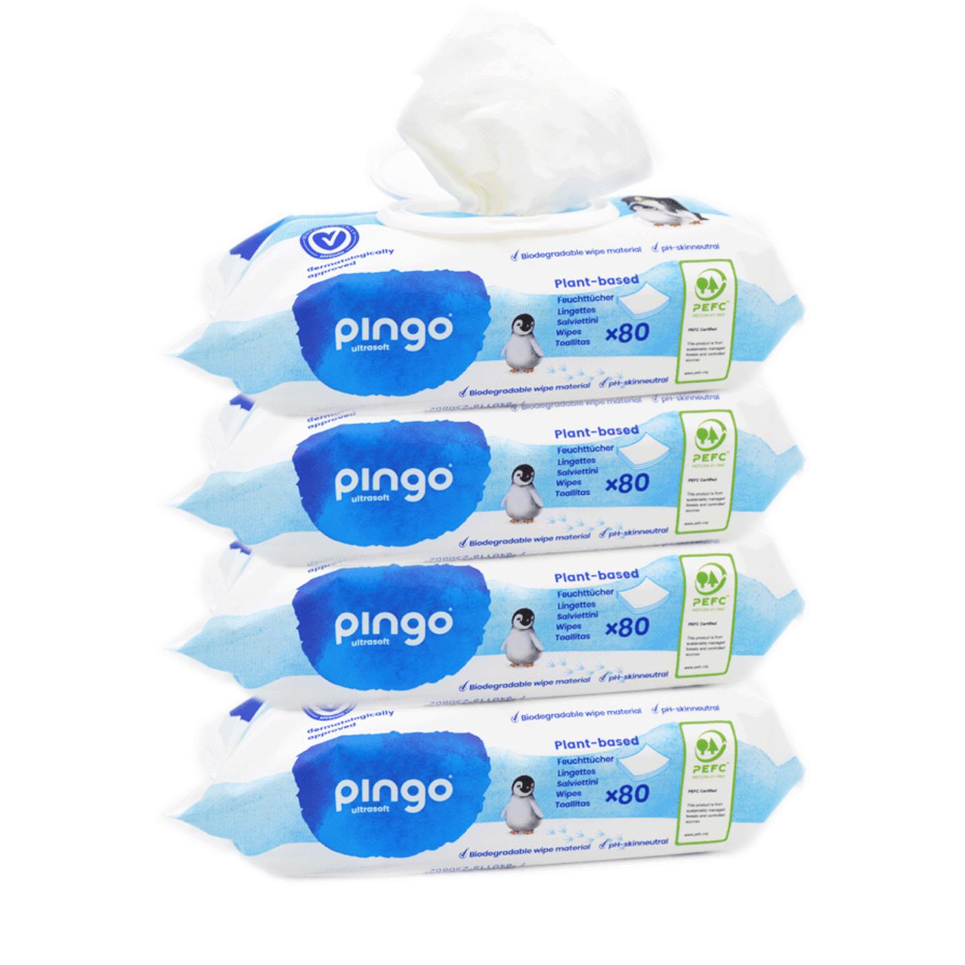 Confezione da 4 salviettine umidificate 100% biodegradabili Pingo 80 pezzi
