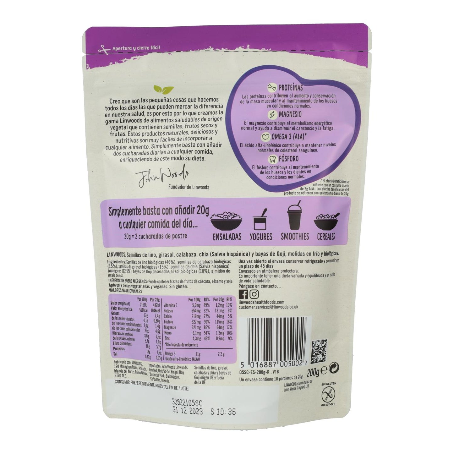 Bio-Leinsamen-, Sonnenblumen-, Kürbis-, Chiasamen- und Gojibeeren-Mischung – Linwoods 425 g