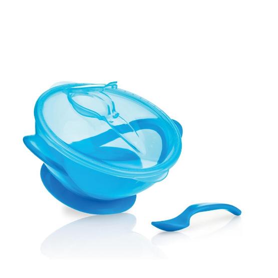 Ciotola per bambini con ventosa, cucchiaio e coperchio blu  6m+ Nuby