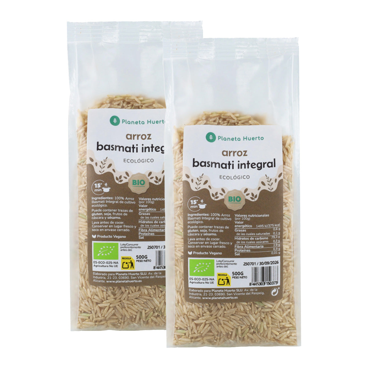 Förpackning med 2 x ECO Planet Garden Brown Basmati Rice 500 g