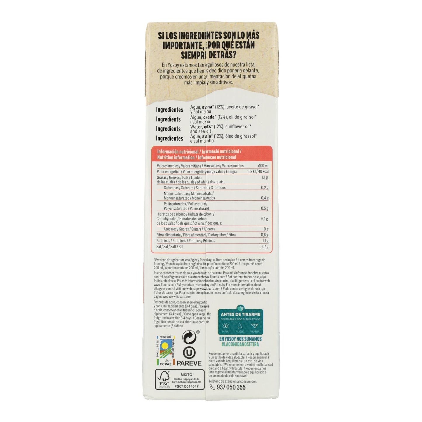 Havredryck 0 % socker Bio Yosoy Ekologisk 1 l