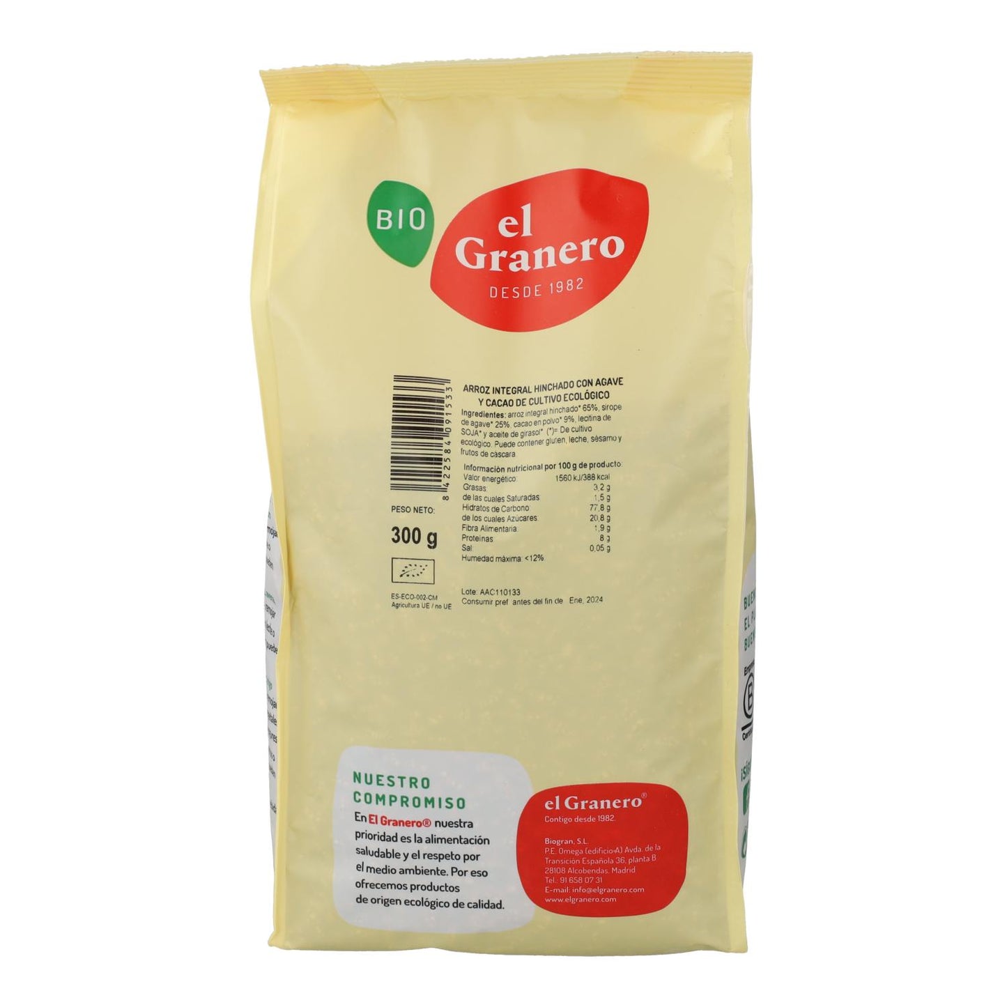 Riz complet soufflé à l'agave et au cacao El Granero, 300 g
