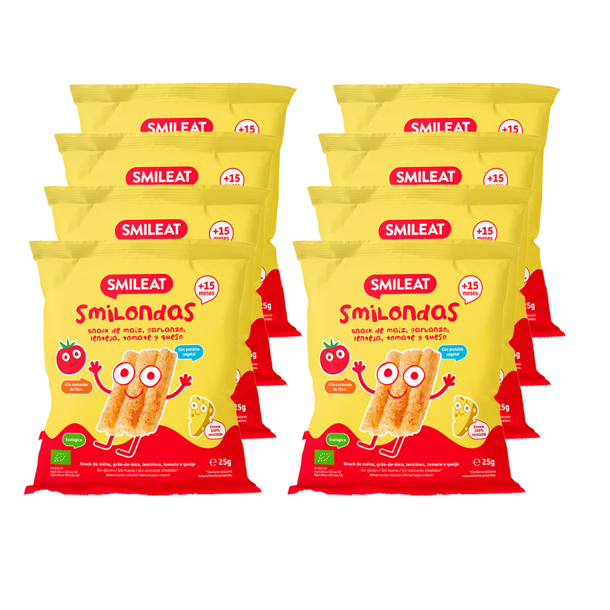 Confezione da 8 snack Smilondas con mais, ceci, lenticchie, pomodoro e formaggio biologico, Smileat, 25 g