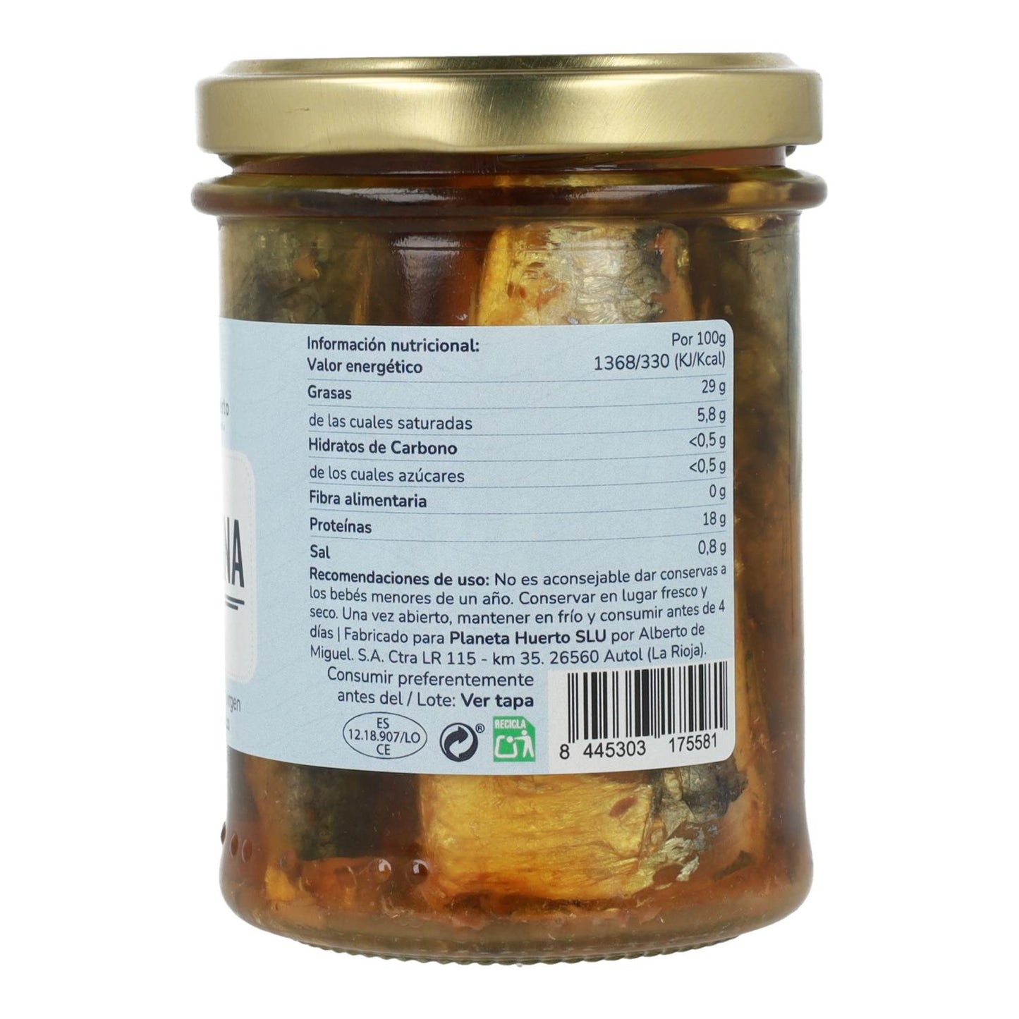 Förpackning 6x Sardiner i olivolja ECO Planeta Huerto 190 gr