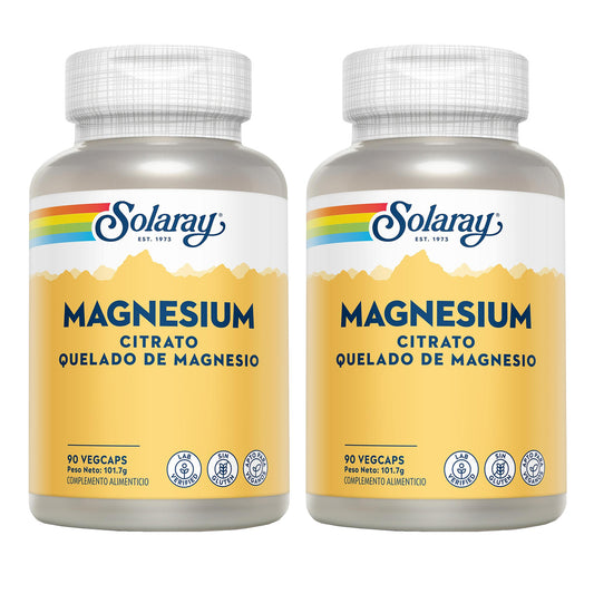 Pack 2x Citrate de magnésium - Magnésium - Solaray 90 VegCaps. Sans gluten. Convient aux végétaliens