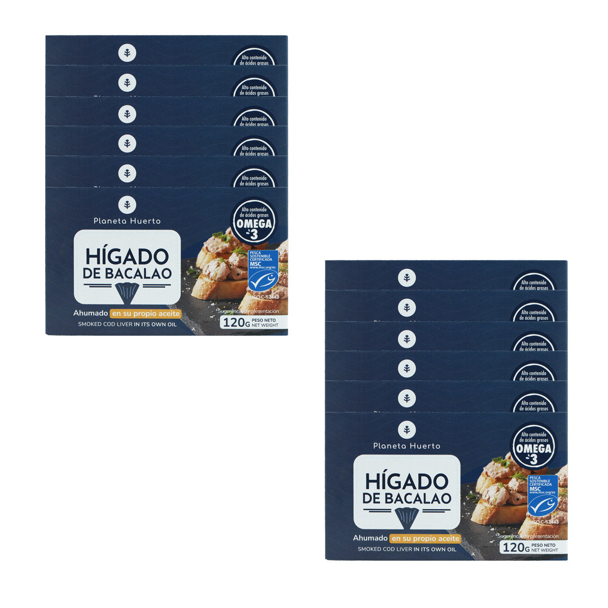 Lot de 12 foies de morue dans leur huile Planeta Huerto 120 g