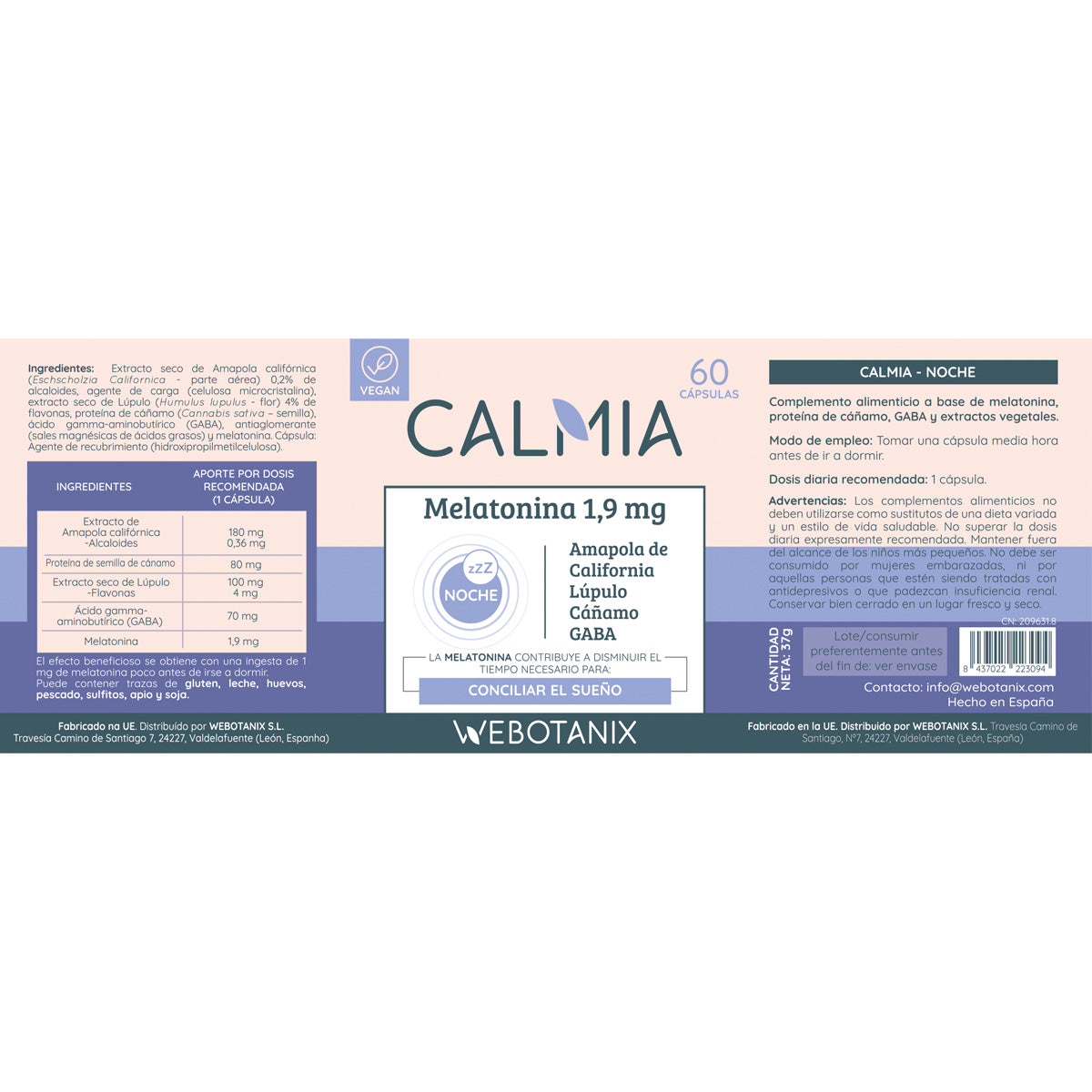 Calmia Noche Forte (5HTP+Melatonin+Magnesium, L-Theanin, Baldrian) WEBOTANIX 60 Kapseln