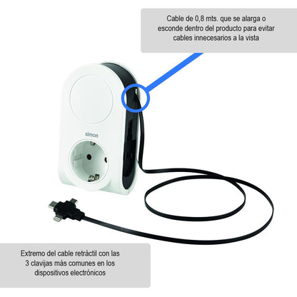 Adapter with 3 USB plugs, roll-up cable + 1 USB port to + 1 16A socket Simon