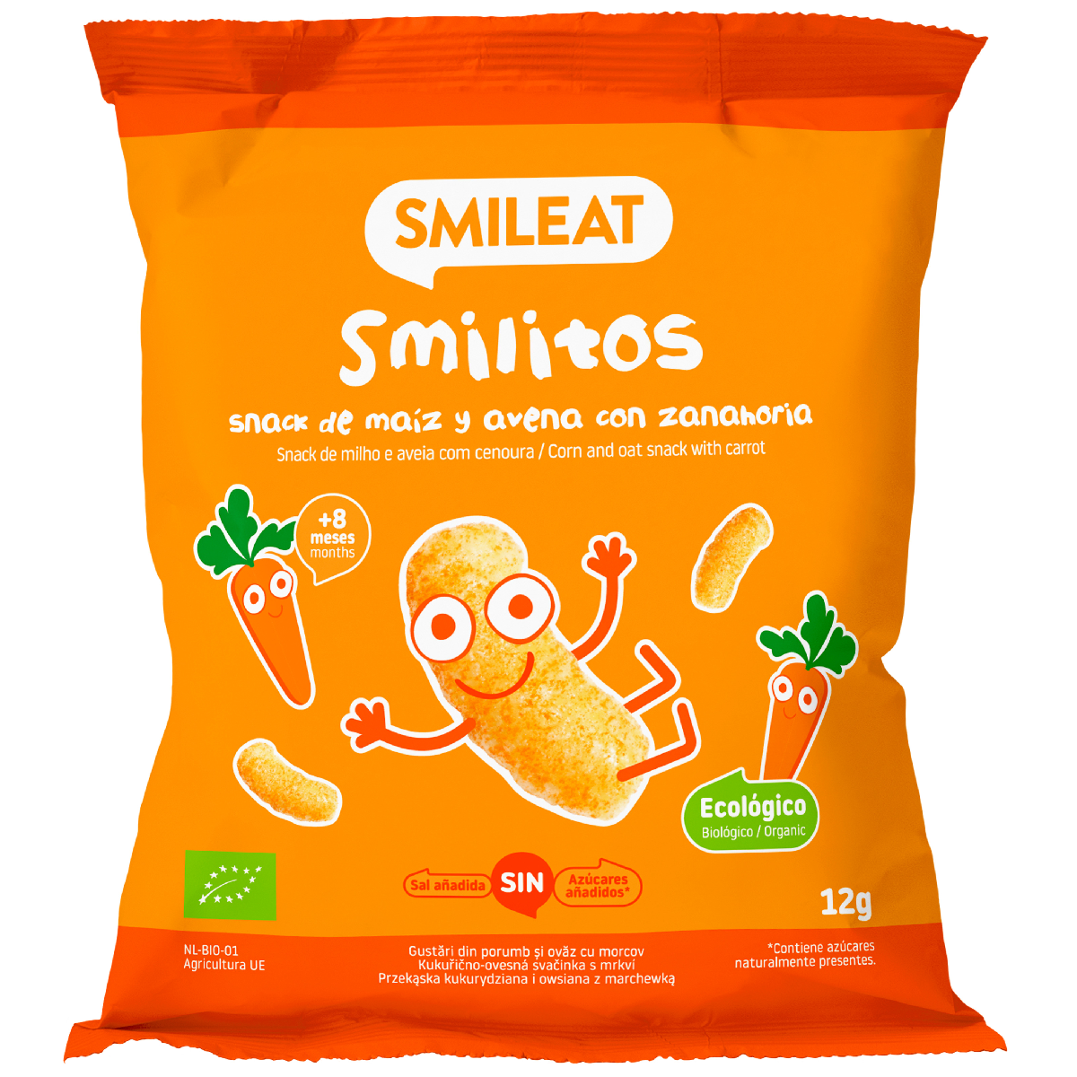 Smilito Corn, Oats and Carrot Multipack ECO Smileat 4 x 12 g sachets.