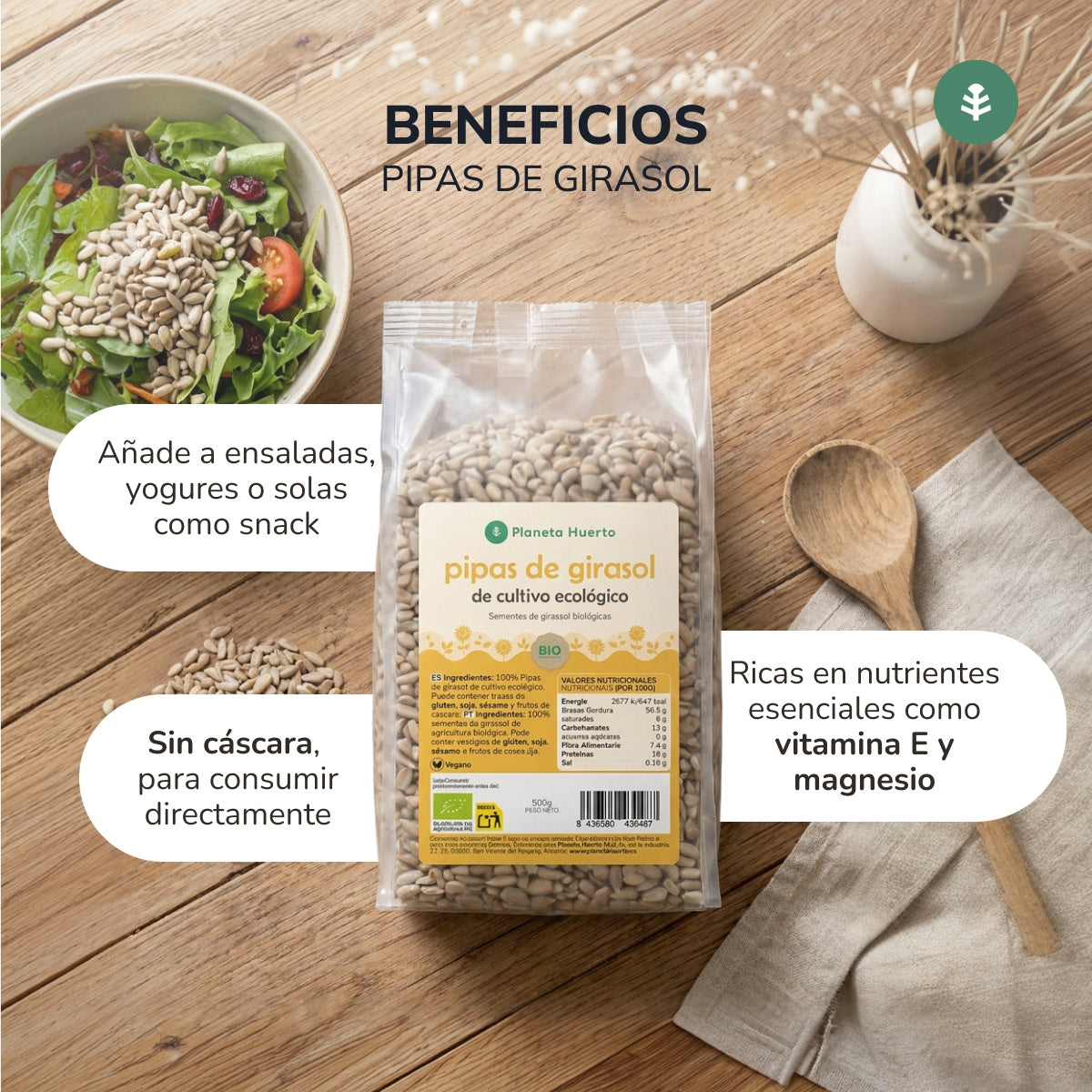 Skalade solrosfrön ECO Planeta Huerto 2,5 kg