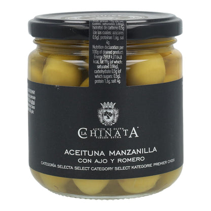 La Chinata Manzanilla Olives with Garlic and Rosemary, 350 g