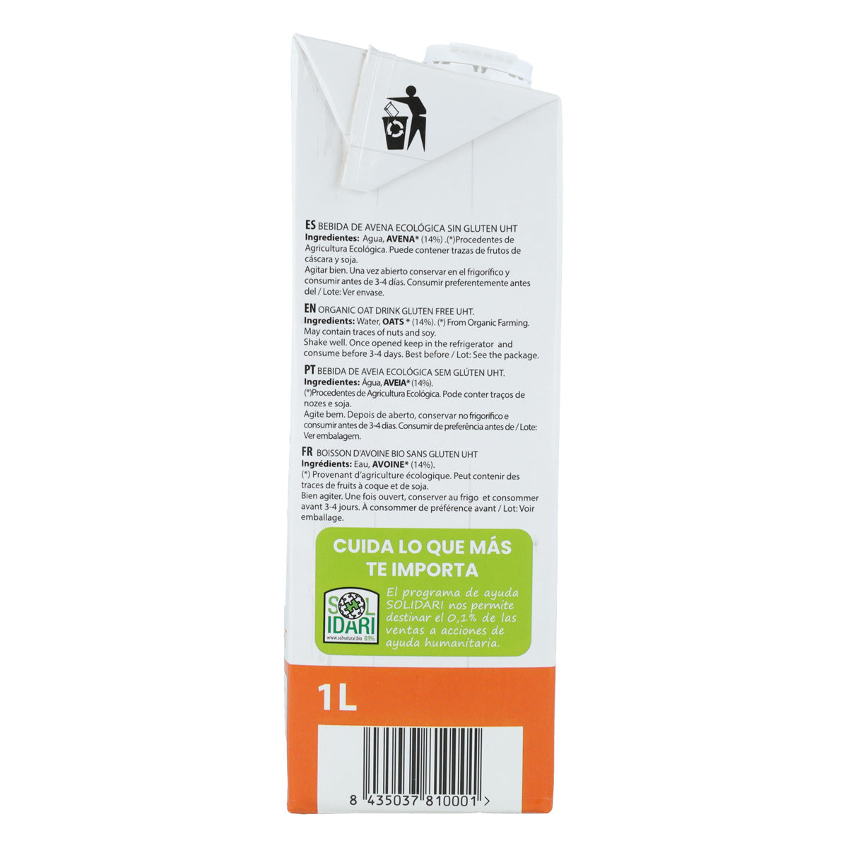 Confezione da 4 bevande all'avena senza glutine Bio Sol Natural 1 L