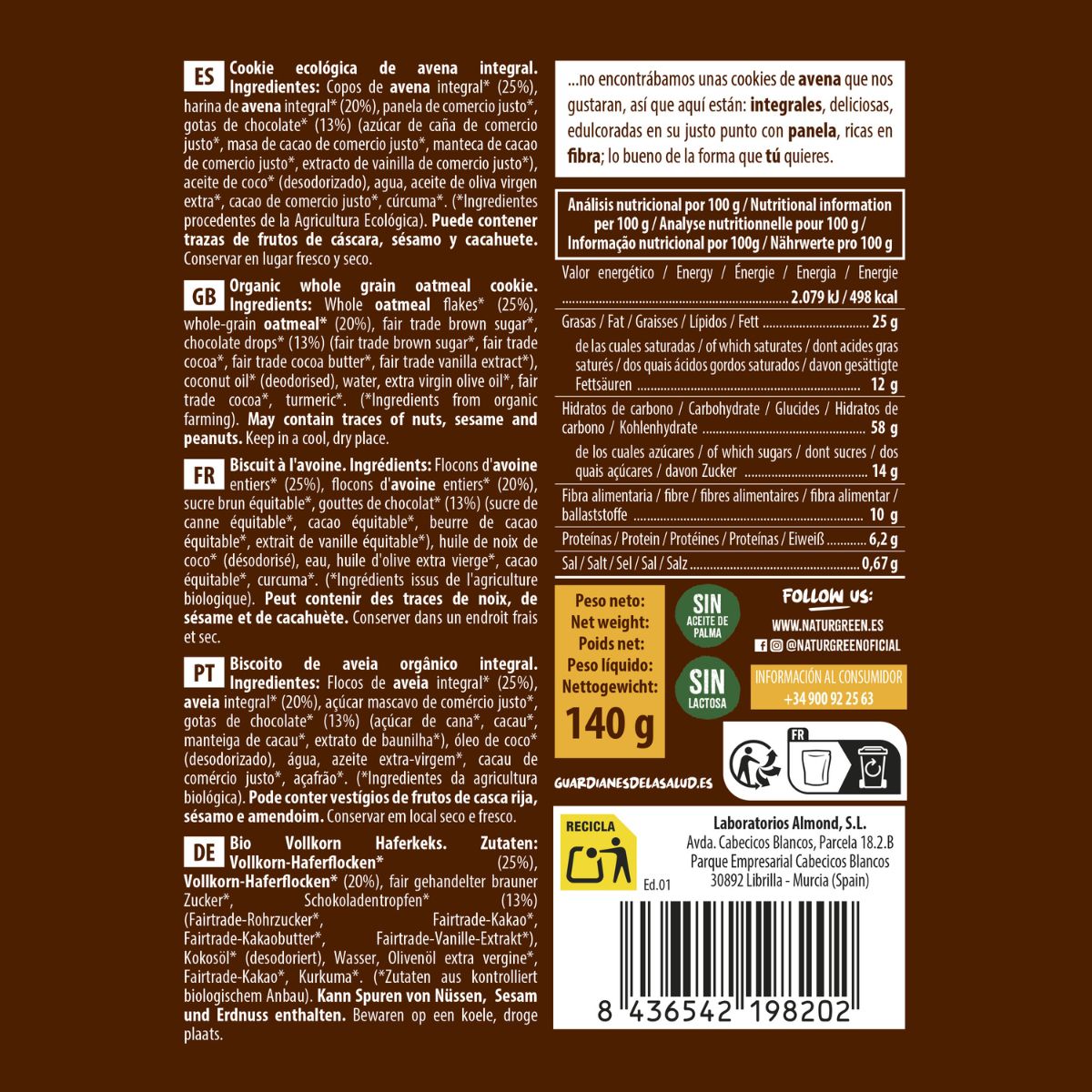 Organic Wholemeal Oat Cookies NaturGreen 140 g