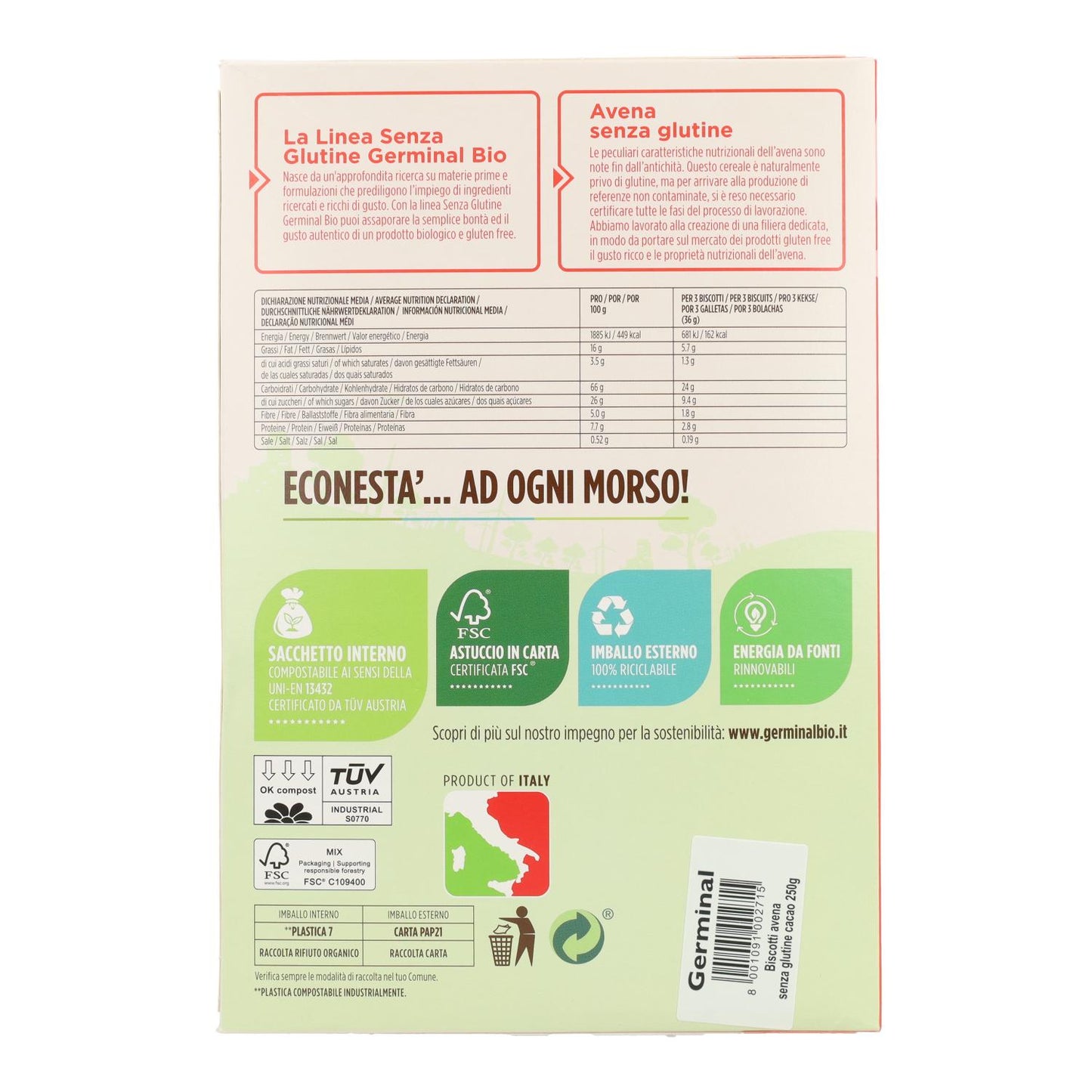 Bezglutenowe ciastka owsiane z kakao Germinal Bio 250 g