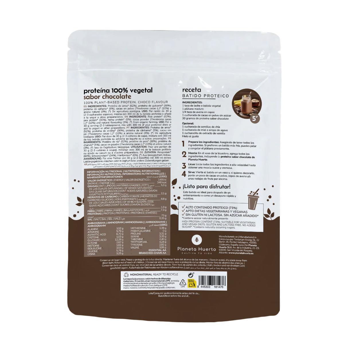 Proteine vegetali ECO 73% cioccolato Planeta Huerto 500 g