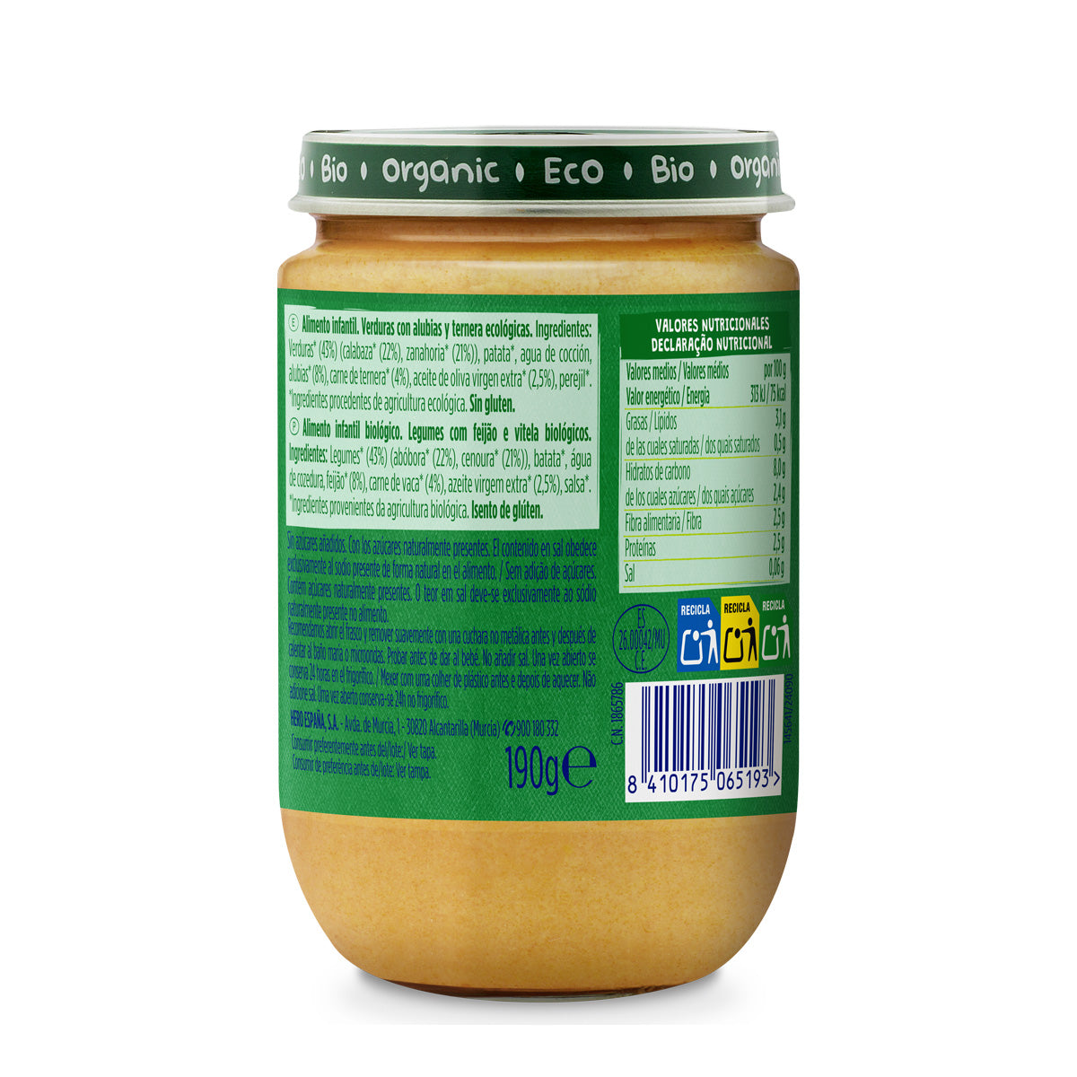 Glas mit Bohnen und Rindfleisch Eco +6 Monate, Hero Baby SOLO, 190 g