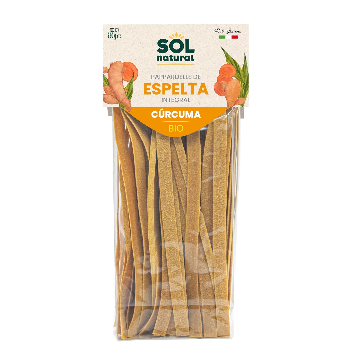 Bio-Vollkorn-Dinkel-Pappardelle mit Kurkuma Sol Natural 250 g