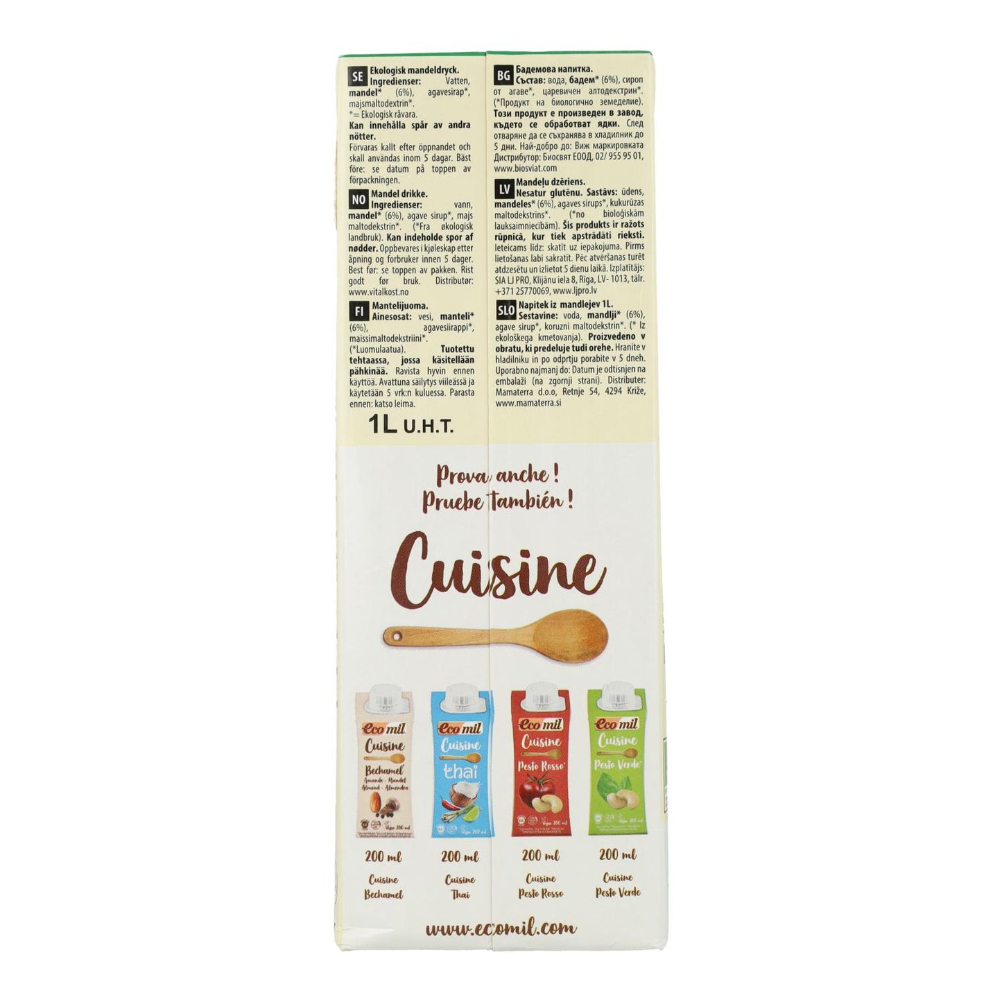 Lot de 6 bouteilles de boisson bio EcoMil aux amandes, sucrée au sirop d'agave, 1 L