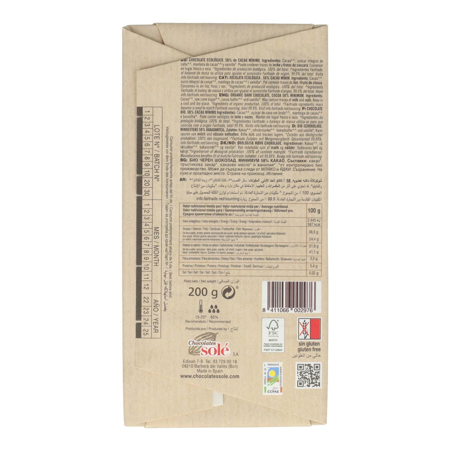 Chocolat BIO pour desserts Solé 200 g