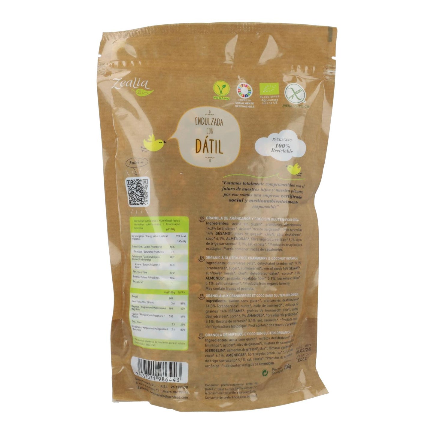 Granola z jagodami i kokosem BIO bezglutenowa Zealia 300 g