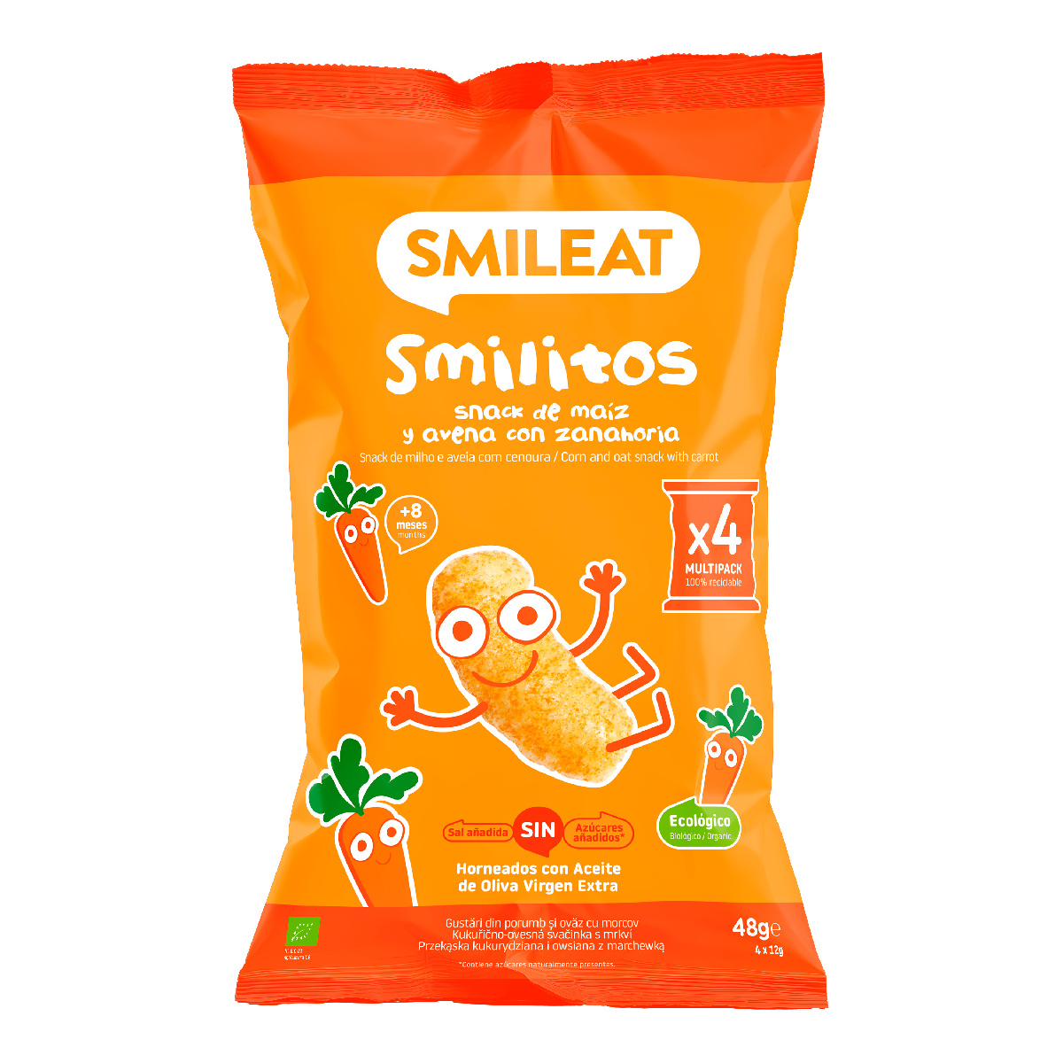 Smilito Corn, Oats and Carrot Multipack ECO Smileat 4 x 12 g sachets.