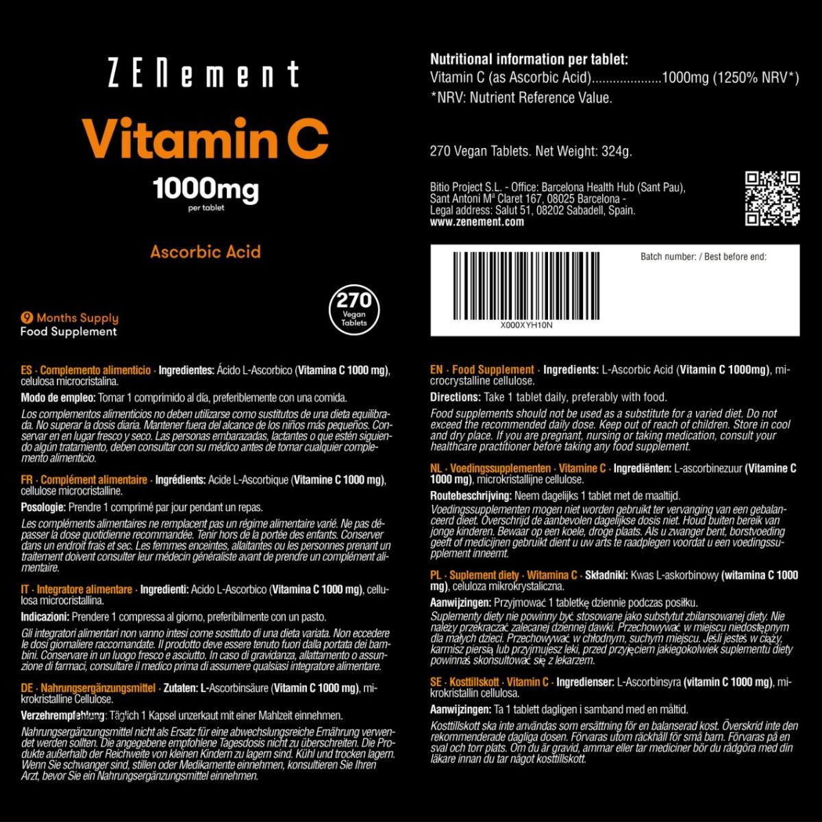 Vitamina C, 1000 mg Zenement, 270 comprimidos