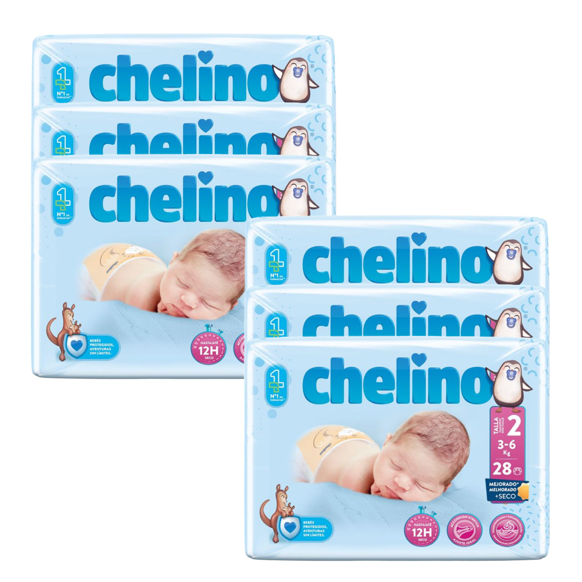 Confezione da 6 pannolini T2 Neonato (3-6 kg) 28 pezzi, Chelino