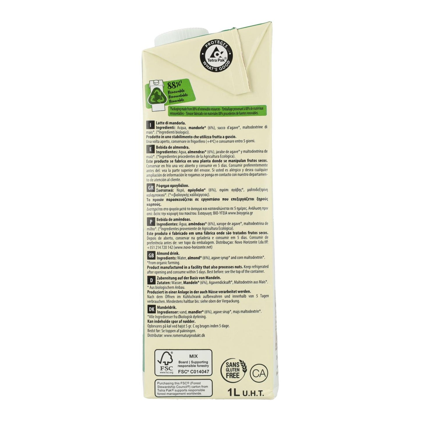 Lot de 6 bouteilles de boisson bio EcoMil aux amandes, sucrée au sirop d'agave, 1 L