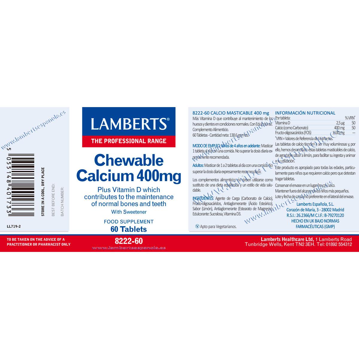 Calcium à croquer 400 mg 60 comprimés Lamberts