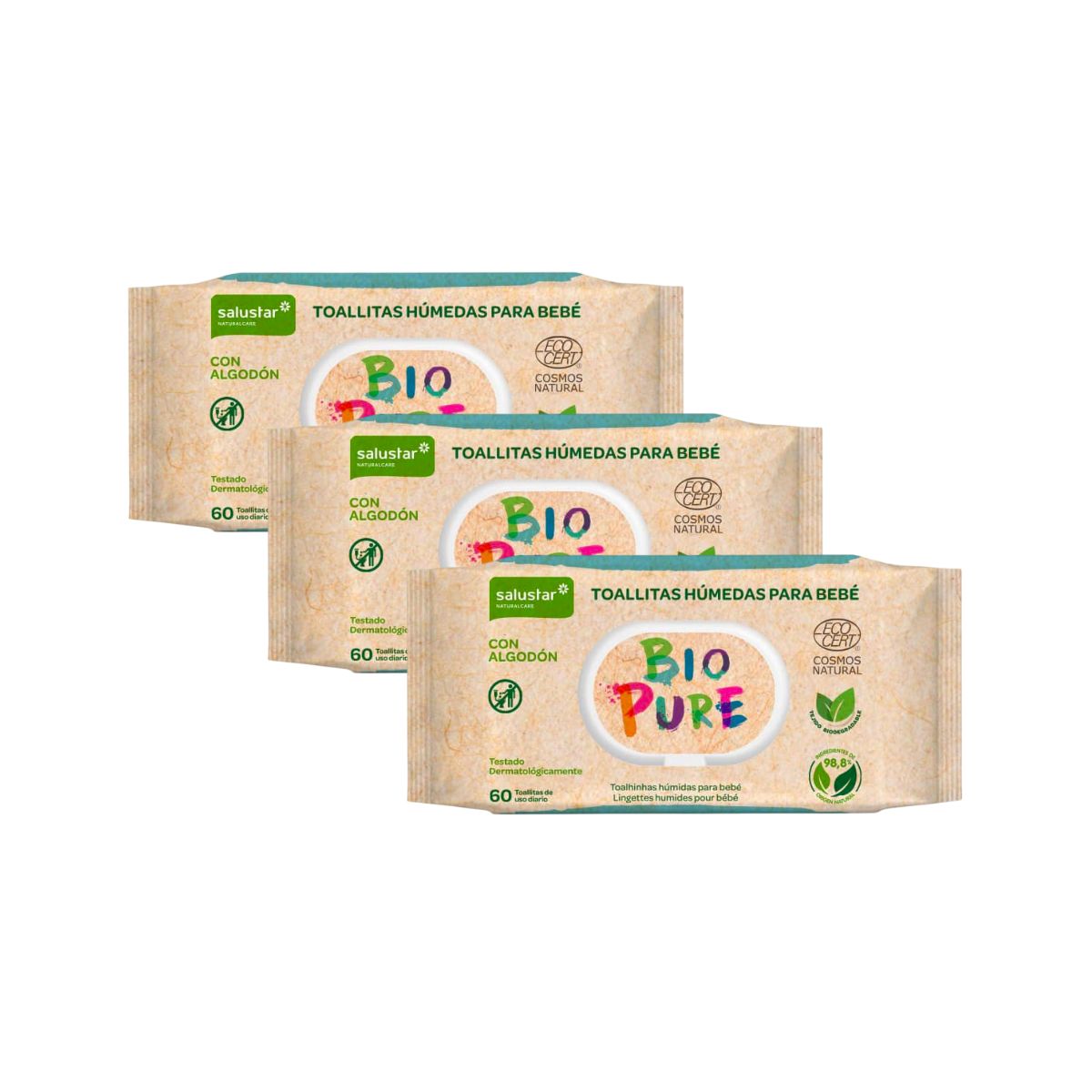 PACK 3x Lingettes humides pour bébé Biopure biodégradables Salustar 60 unités