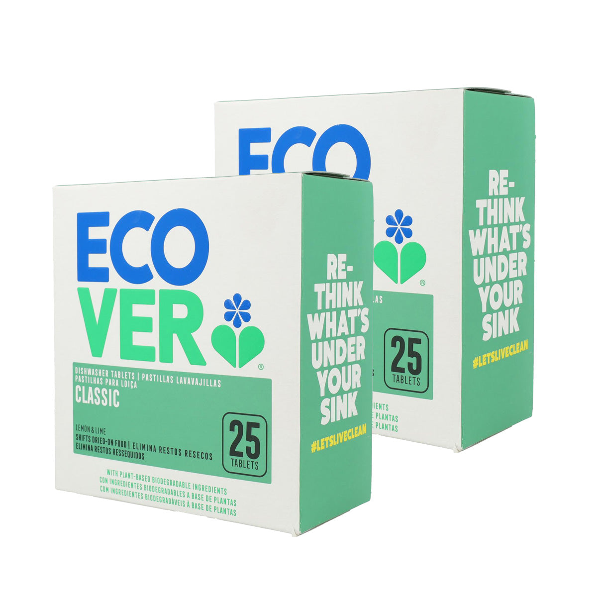 Pakket 2x vaatwasmiddel voor vaatwasser Classic Ecover 25 tabletten van 20 g