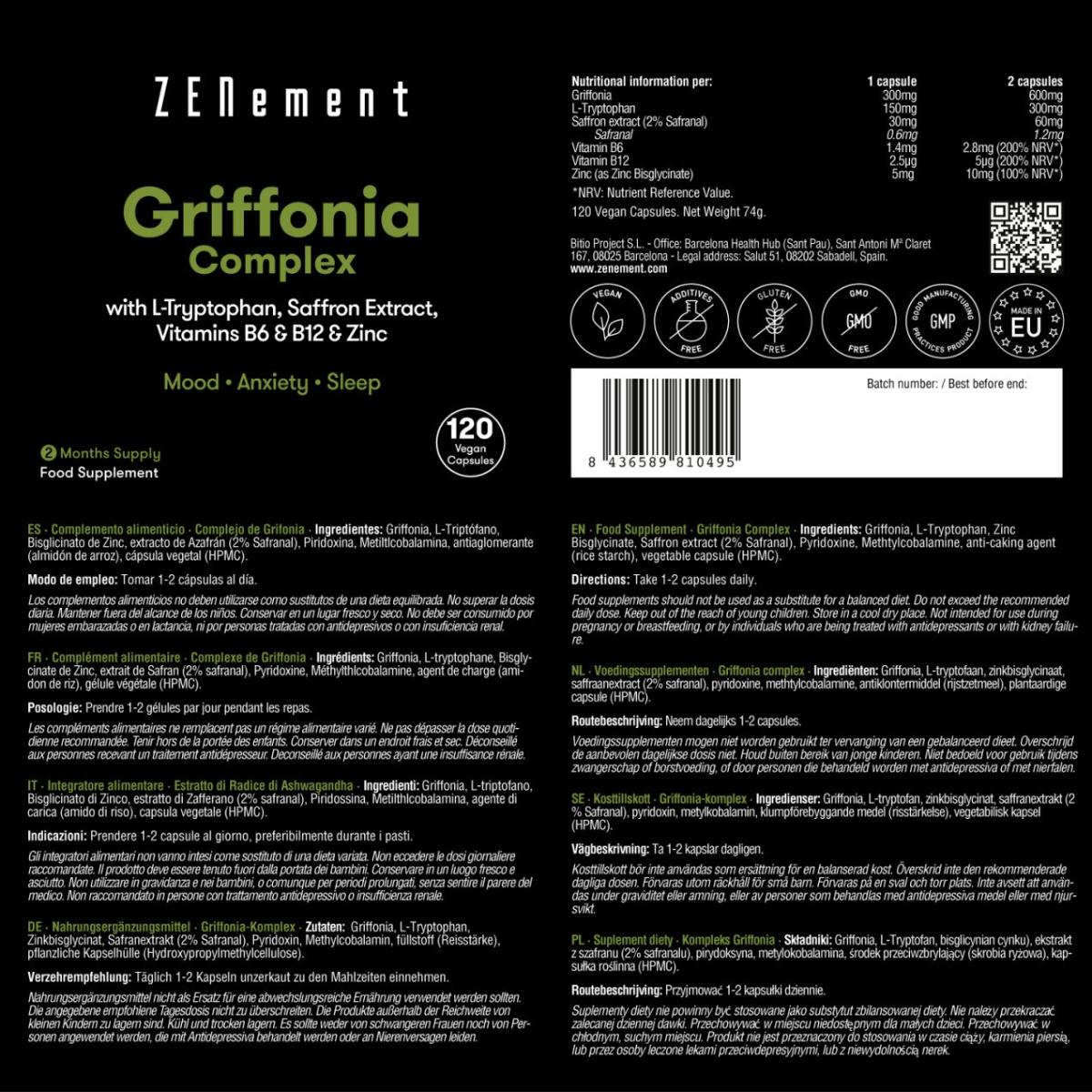 Griffonia-Komplex (Quelle für 5-HTP) mit L-Tryptophan, Safranextrakt, B6, B12 und Zink Zenement, 120 Tabletten
