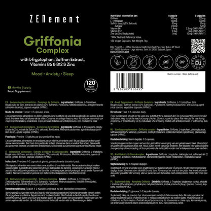 Griffonia-Komplex (Quelle für 5-HTP) mit L-Tryptophan, Safranextrakt, B6, B12 und Zink Zenement, 120 Tabletten