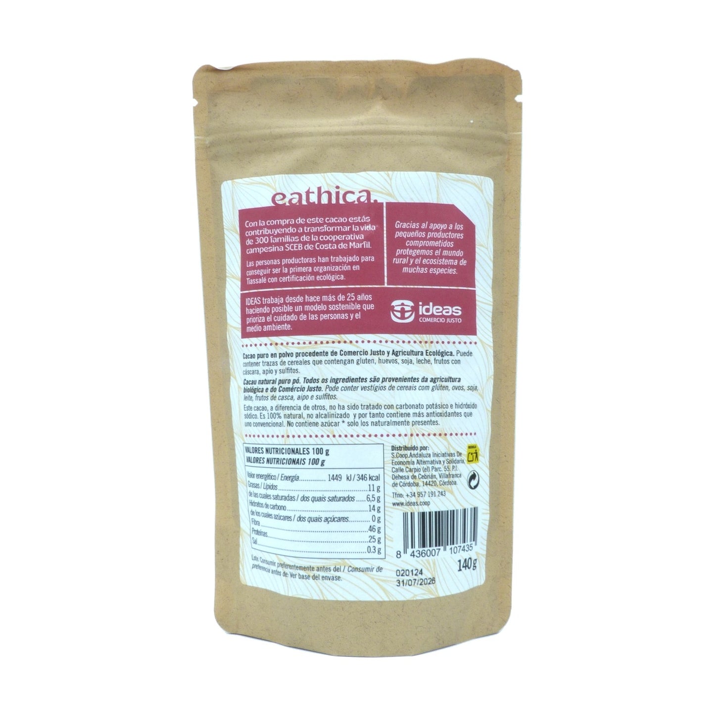 Cacao puro senza zucchero Eathica BIO 140 g