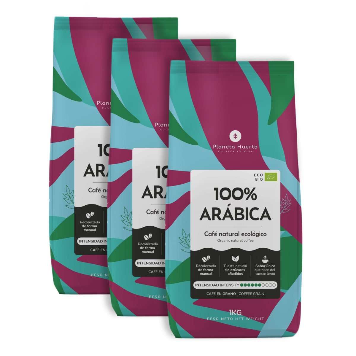 Pack 3x Eco 100% Arabica Coffee beans Planeta Huerto 1 Kg