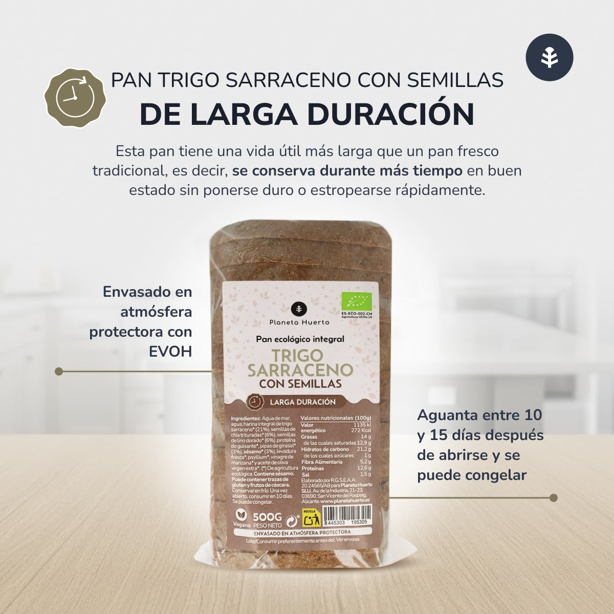 Pane integrale proteico di grano saraceno con semi ECO Planeta Huerto 500 g